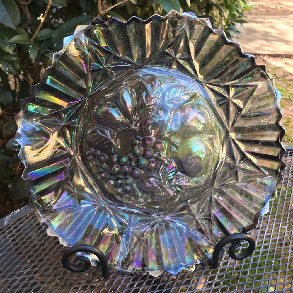 Vintage Federal Pioneer Glass Octagonal Iridescent Dish w/Fruit Design
